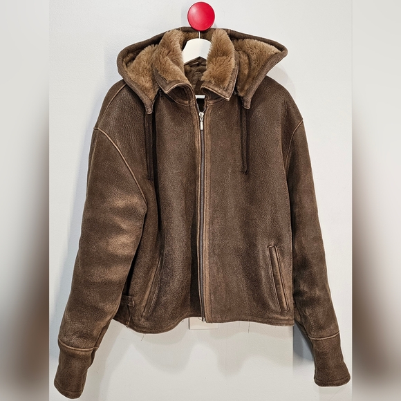 DAREK SIMSEK Collectione SZ-L,leather sheepskin coat with natural fur hood - Picture 1 of 12